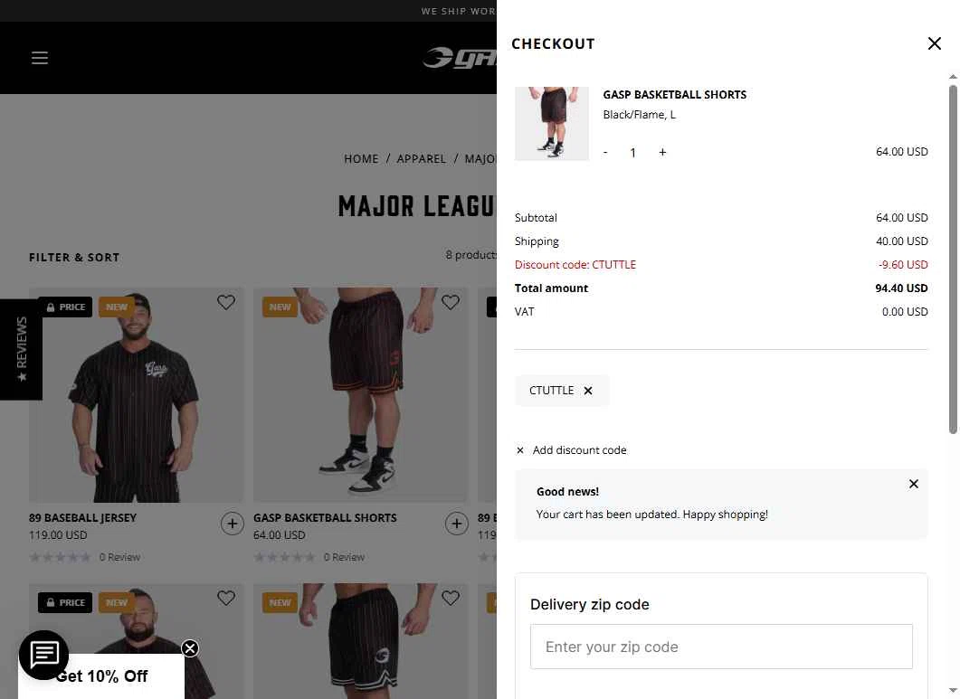 GASP checkout page showing GASP discount code box | Screenshot taken by SimplyCodes community member on Feb 5, 2026