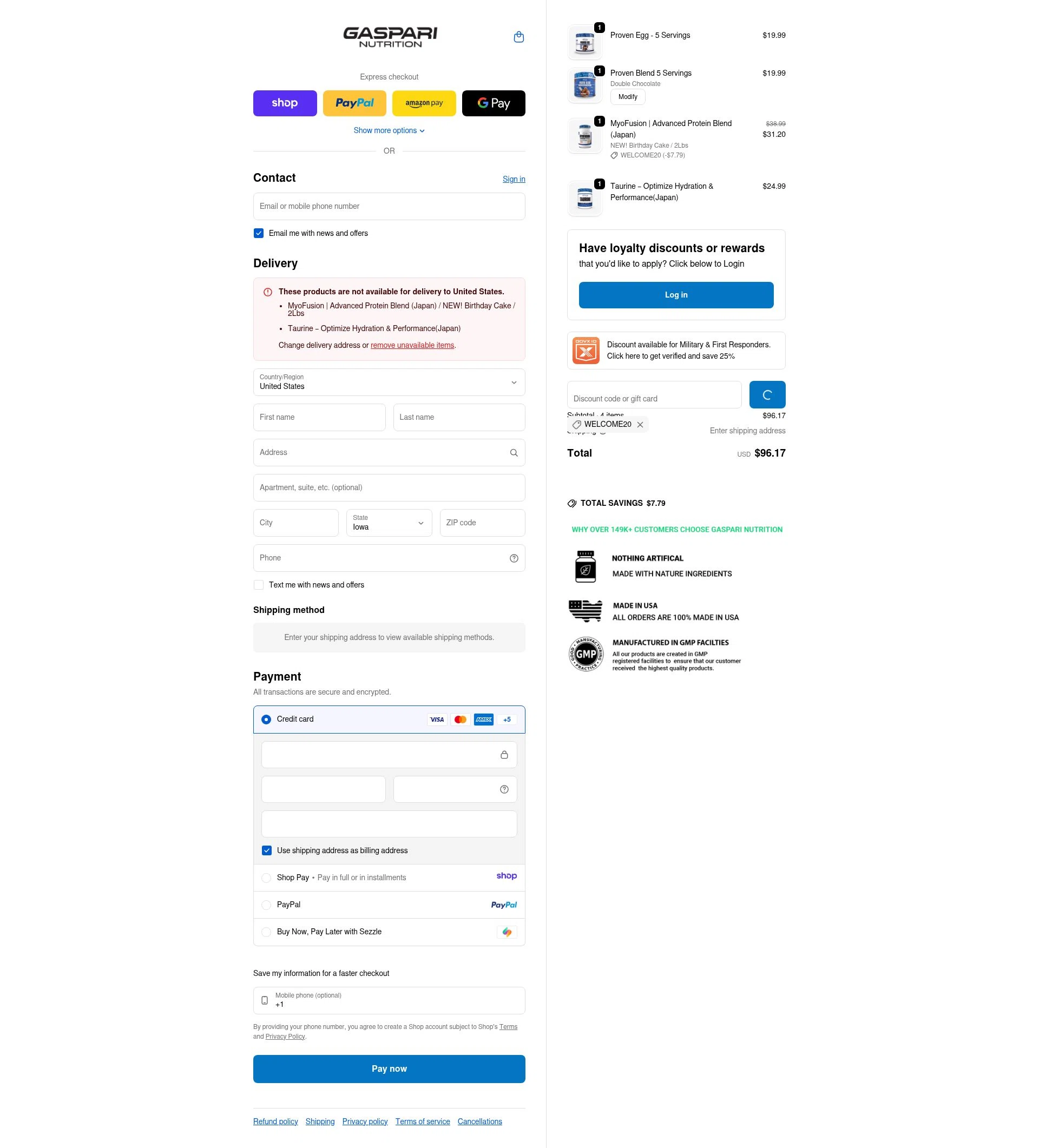 Gaspari Nutrition checkout page showing Gaspari Nutrition discount code box | Screenshot taken by SimplyCodes community member on Jan 10, 2026