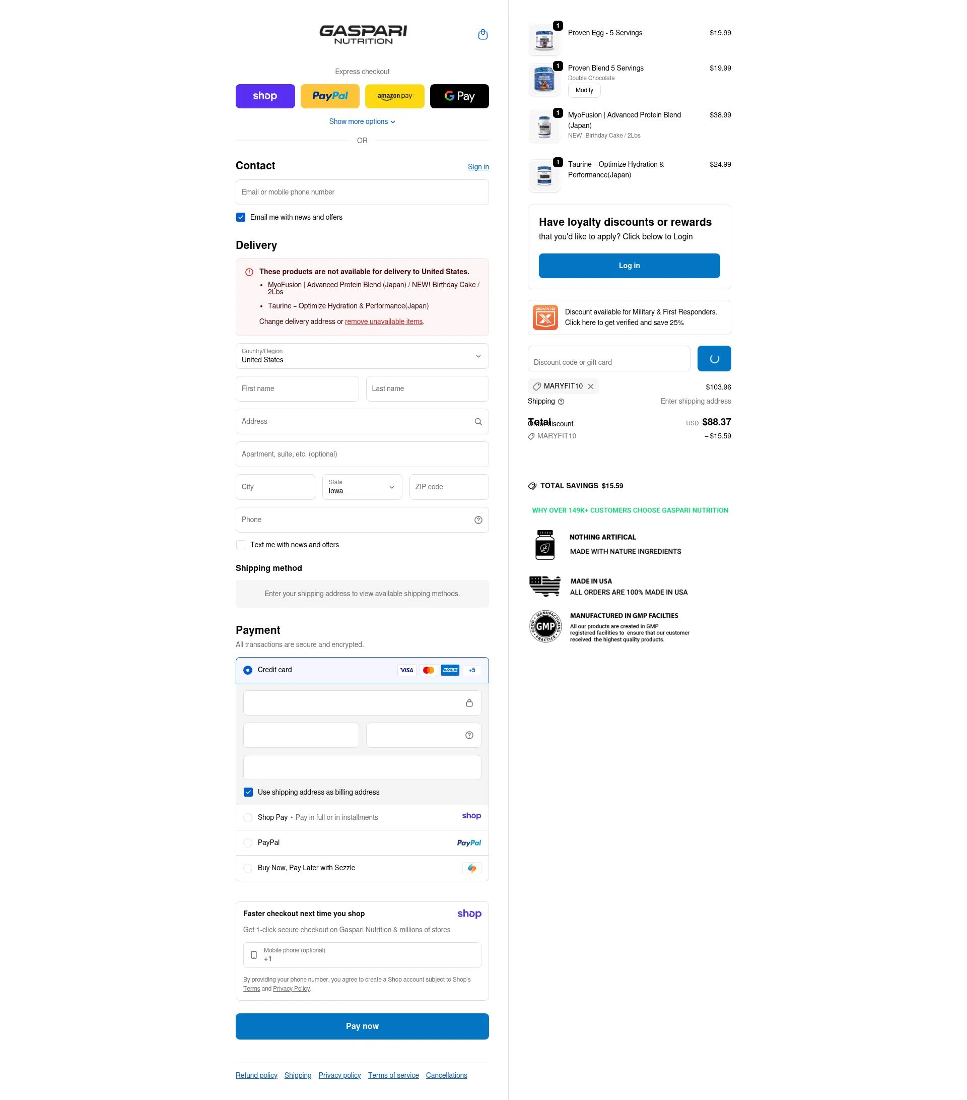 Gaspari Nutrition checkout page showing Gaspari Nutrition discount code box | Screenshot taken by SimplyCodes community member on Jan 10, 2026