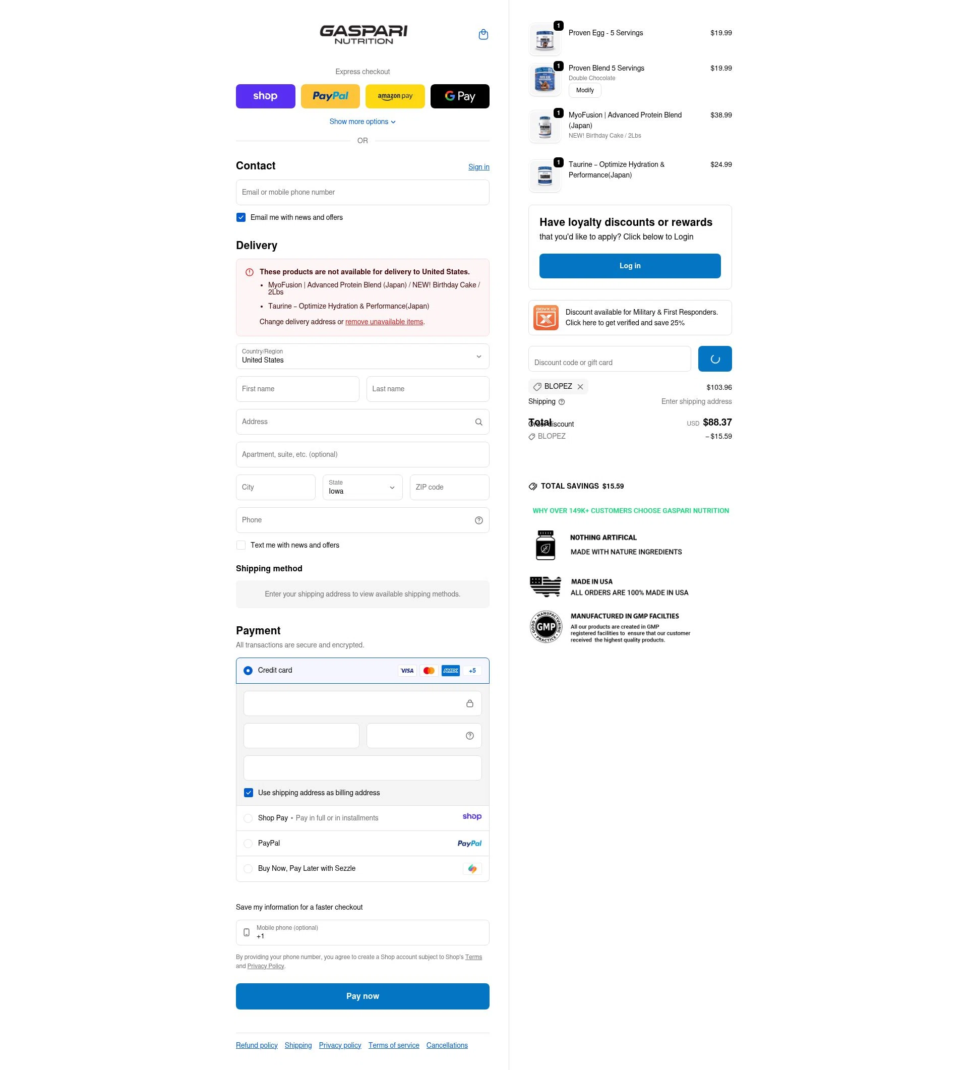 Gaspari Nutrition checkout page showing Gaspari Nutrition discount code box | Screenshot taken by SimplyCodes community member on Jan 10, 2026