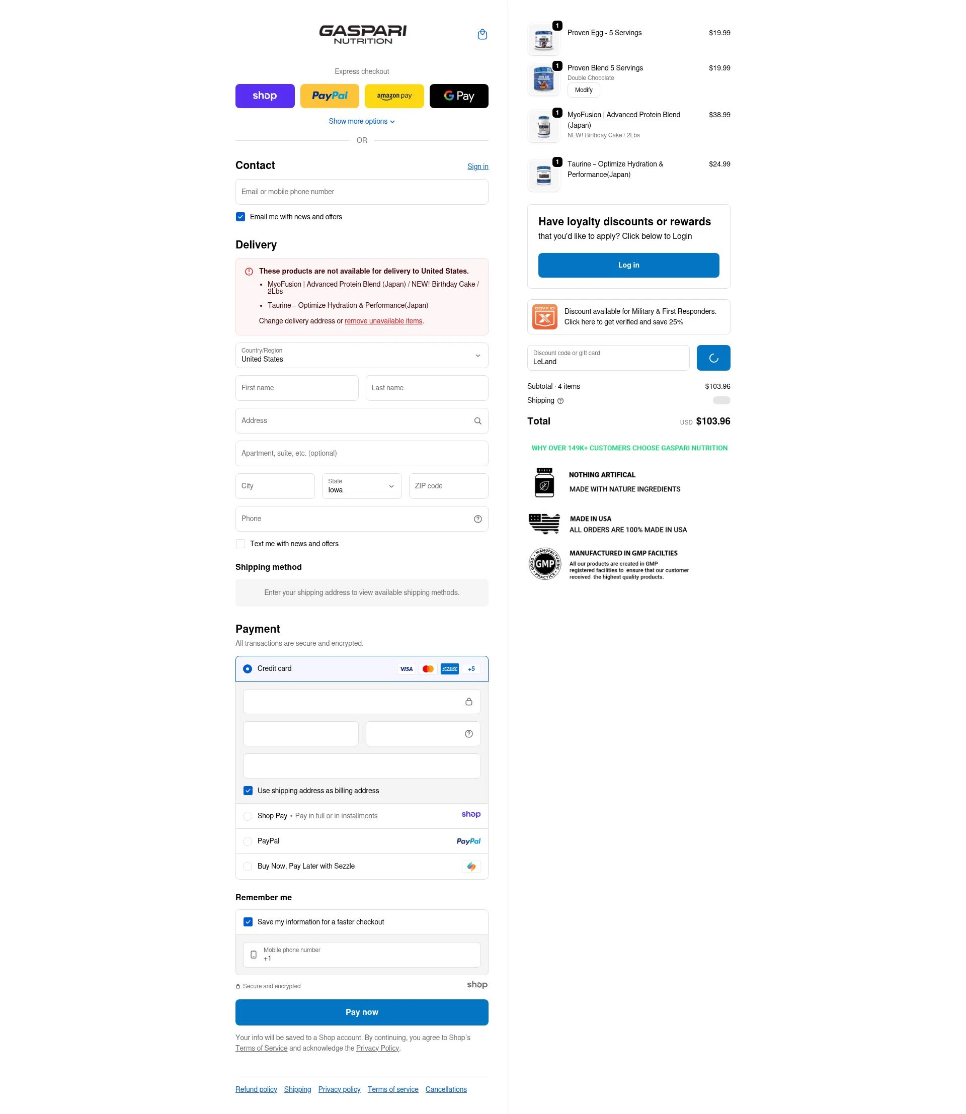 Gaspari Nutrition checkout page showing Gaspari Nutrition discount code box | Screenshot taken by SimplyCodes community member on Jan 10, 2026