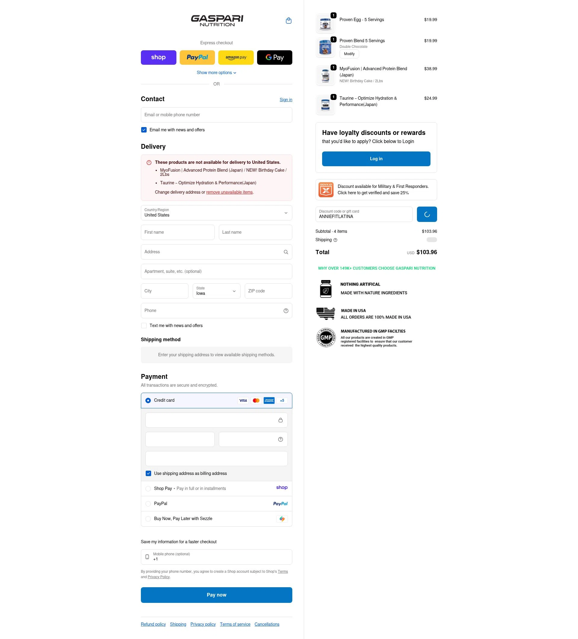 Gaspari Nutrition checkout page showing Gaspari Nutrition discount code box | Screenshot taken by SimplyCodes community member on Jan 10, 2026