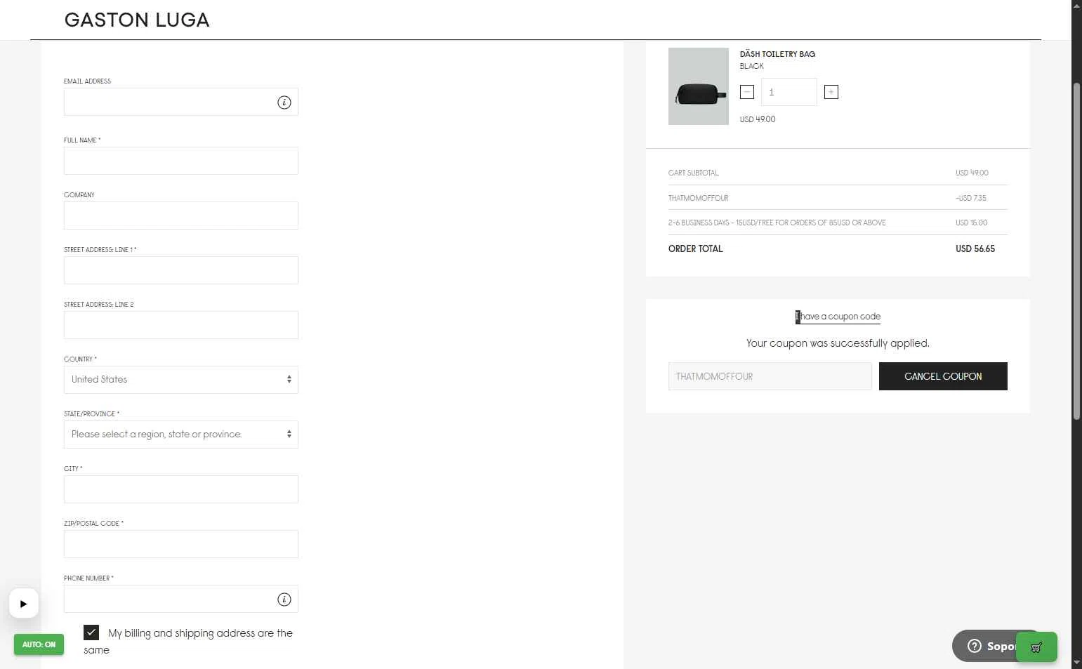 Gaston Luga checkout page showing Gaston Luga promo code box | Screenshot taken by SimplyCodes community member on Jan 8, 2026