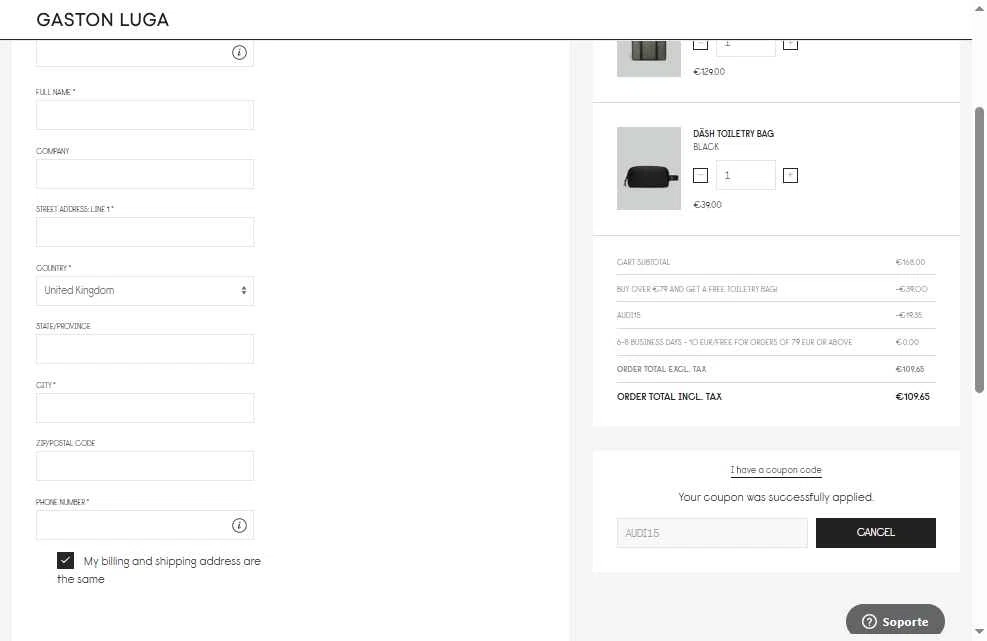 Gaston Luga checkout page showing Gaston Luga promo code box | Screenshot taken by SimplyCodes community member on Nov 8, 2025