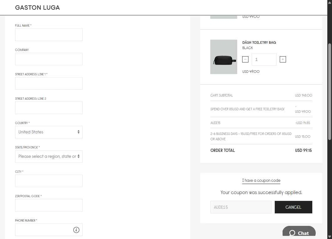 Gaston Luga checkout page showing Gaston Luga promo code box | Screenshot taken by SimplyCodes community member on Feb 3, 2026