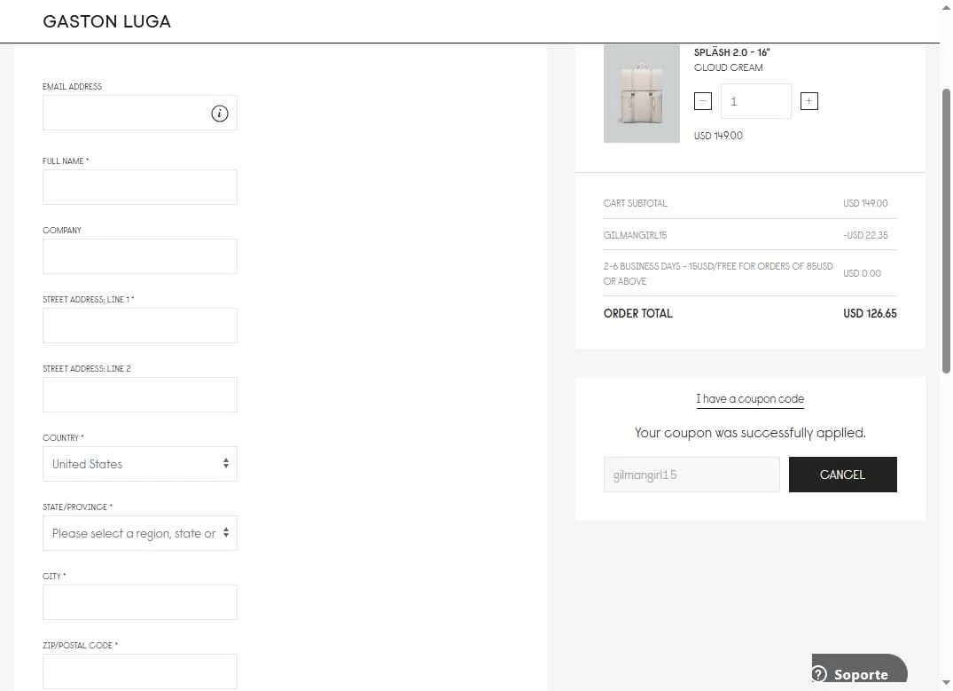 Gaston Luga checkout page showing Gaston Luga promo code box | Screenshot taken by SimplyCodes community member on Jan 8, 2026