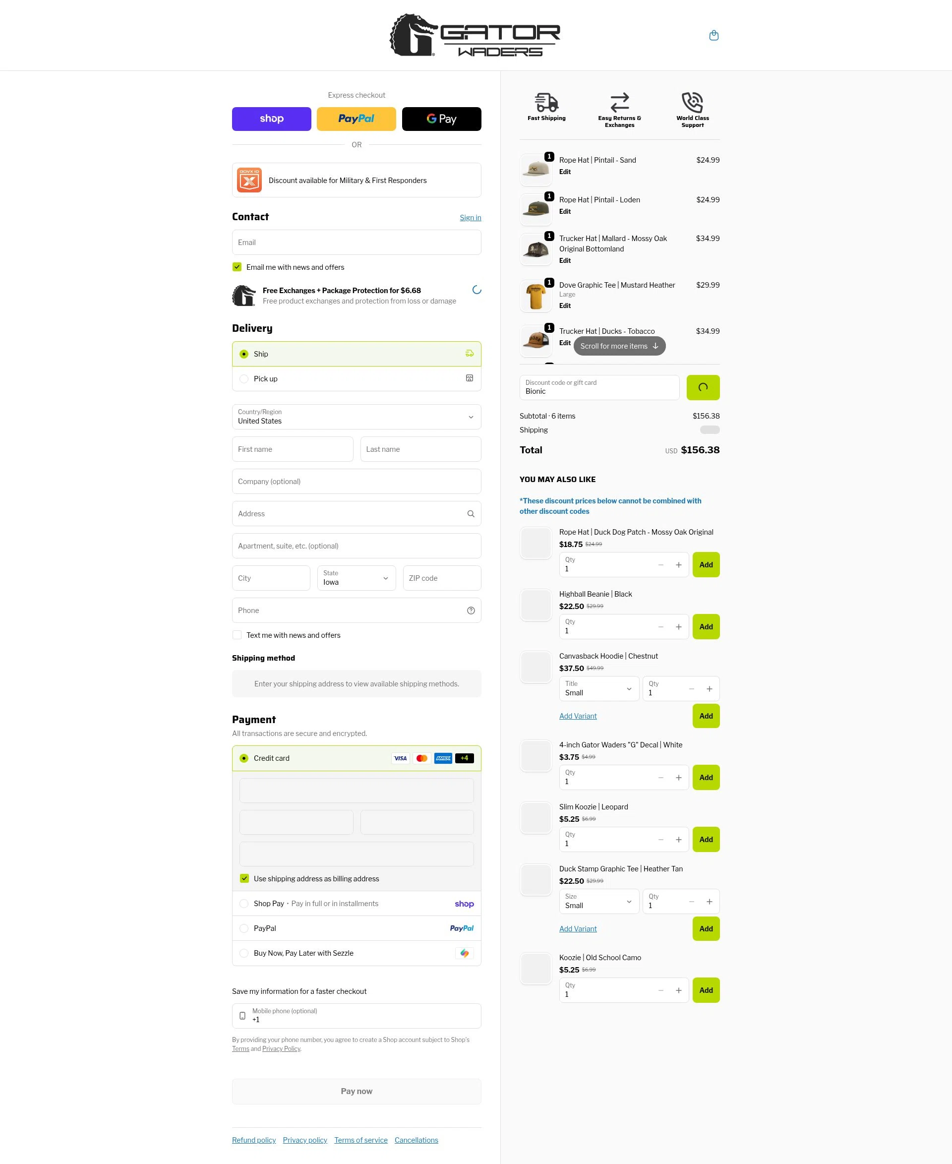 Gator Waders checkout page showing Gator Waders discount code box | Screenshot taken by SimplyCodes community member on Feb 11, 2026