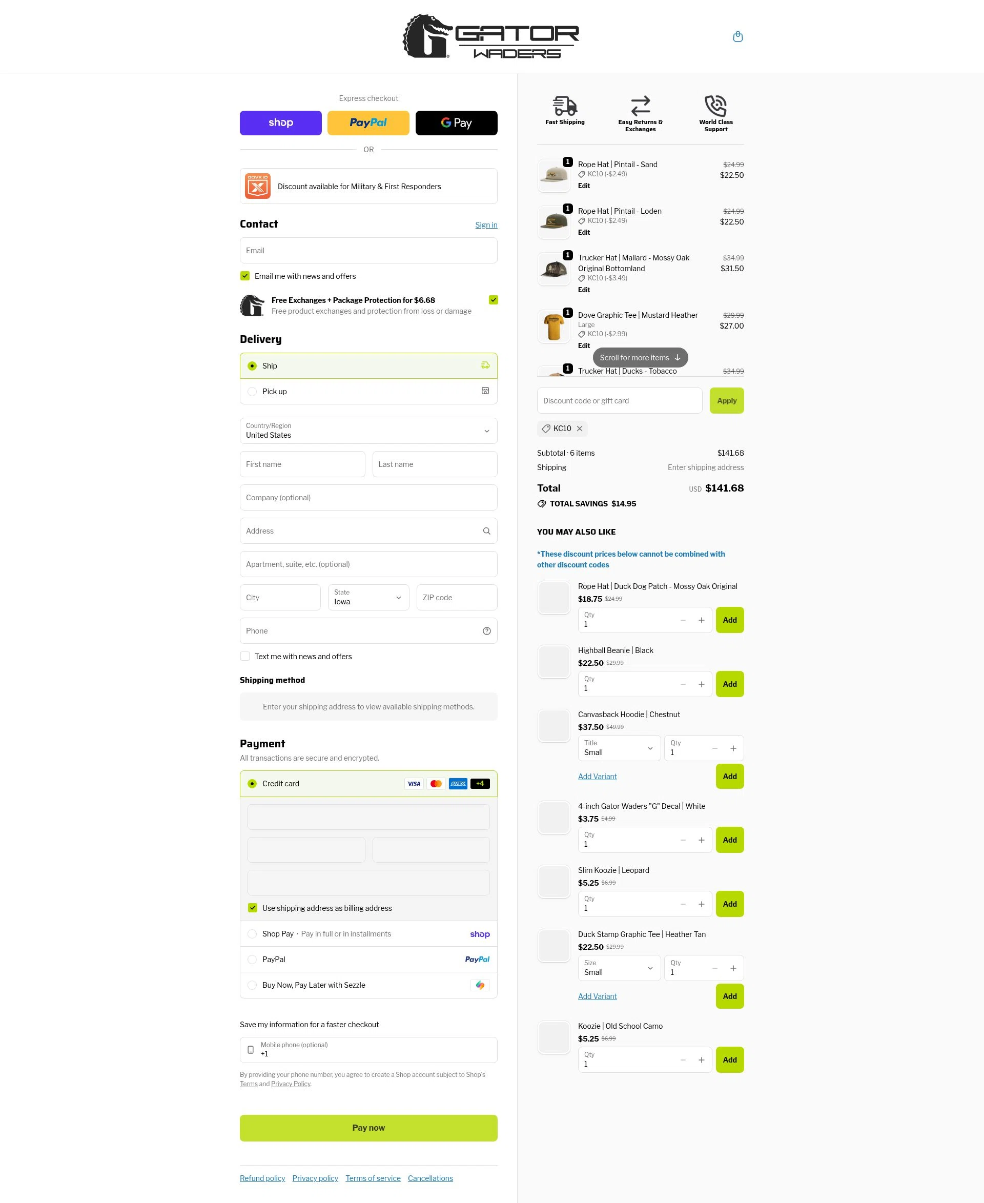 Gator Waders checkout page showing Gator Waders discount code box | Screenshot taken by SimplyCodes community member on Feb 11, 2026