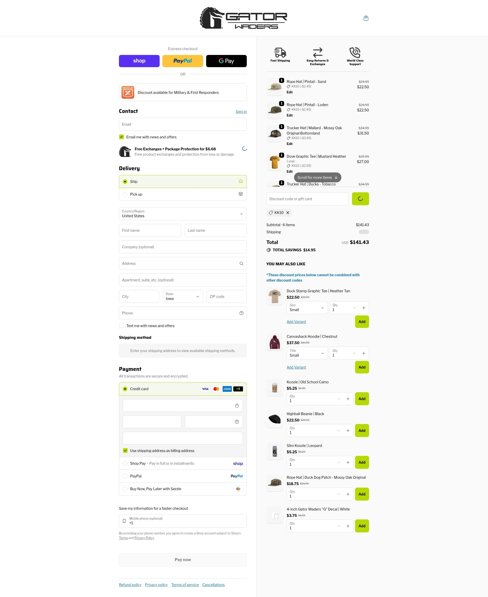Gator Waders checkout page showing Gator Waders discount code box | Screenshot taken by SimplyCodes community member on Feb 15, 2026