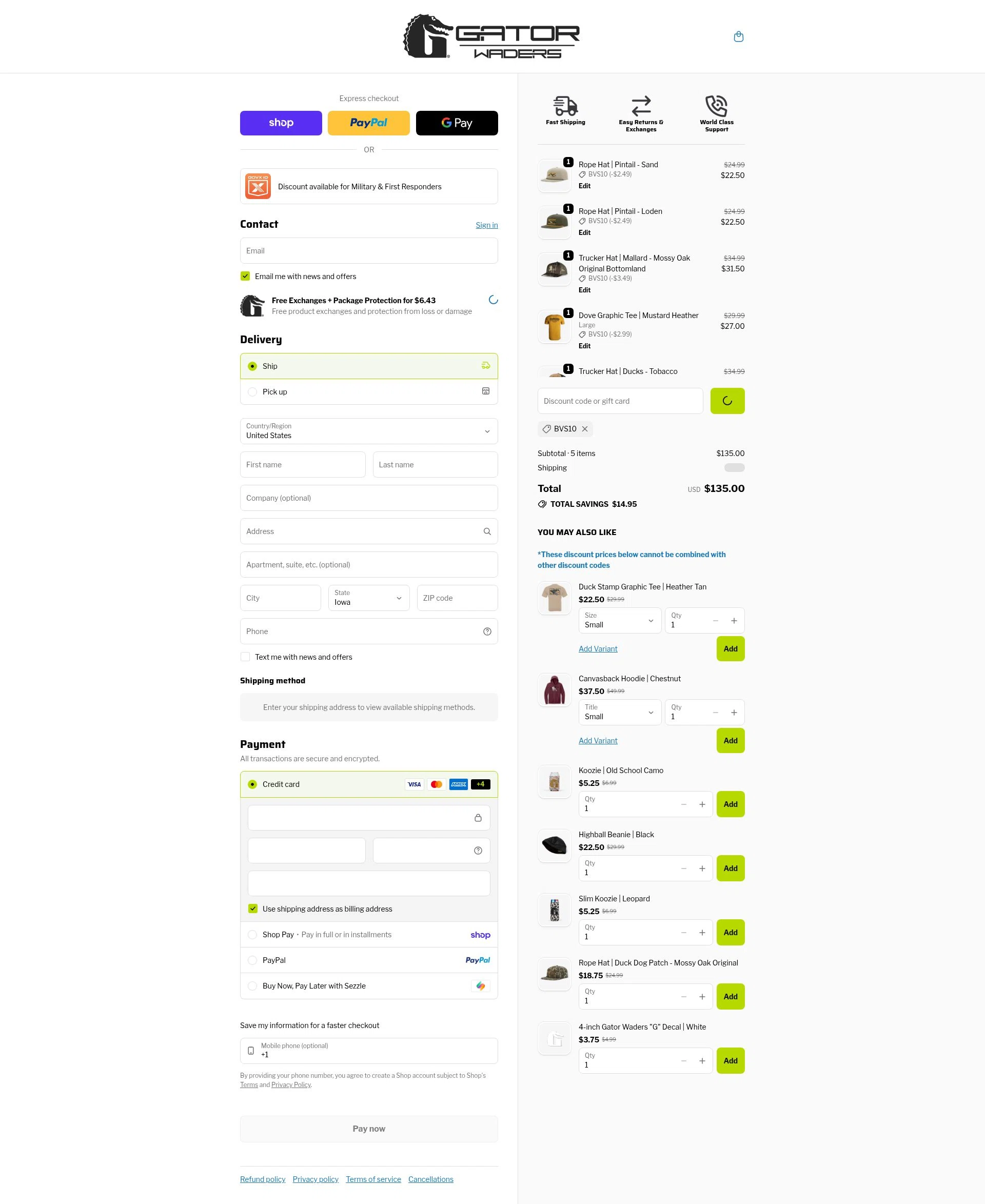 Gator Waders checkout page showing Gator Waders discount code box | Screenshot taken by SimplyCodes community member on Feb 15, 2026