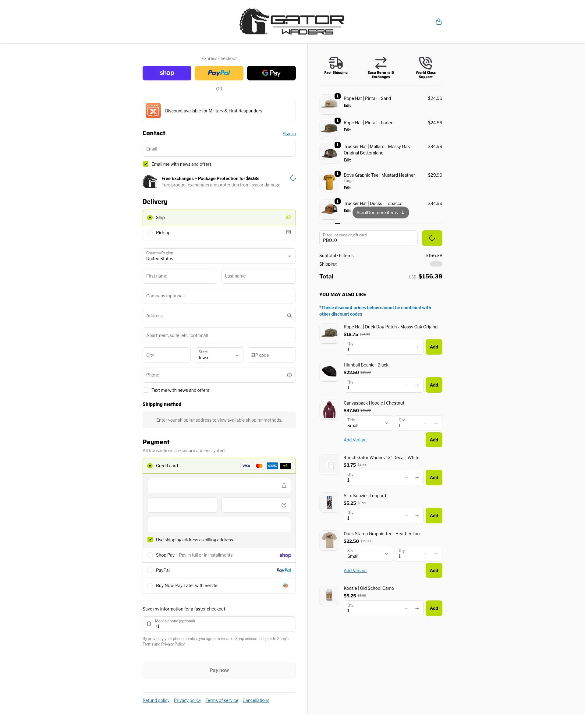 Gator Waders checkout page showing Gator Waders discount code box | Screenshot taken by SimplyCodes community member on Feb 11, 2026