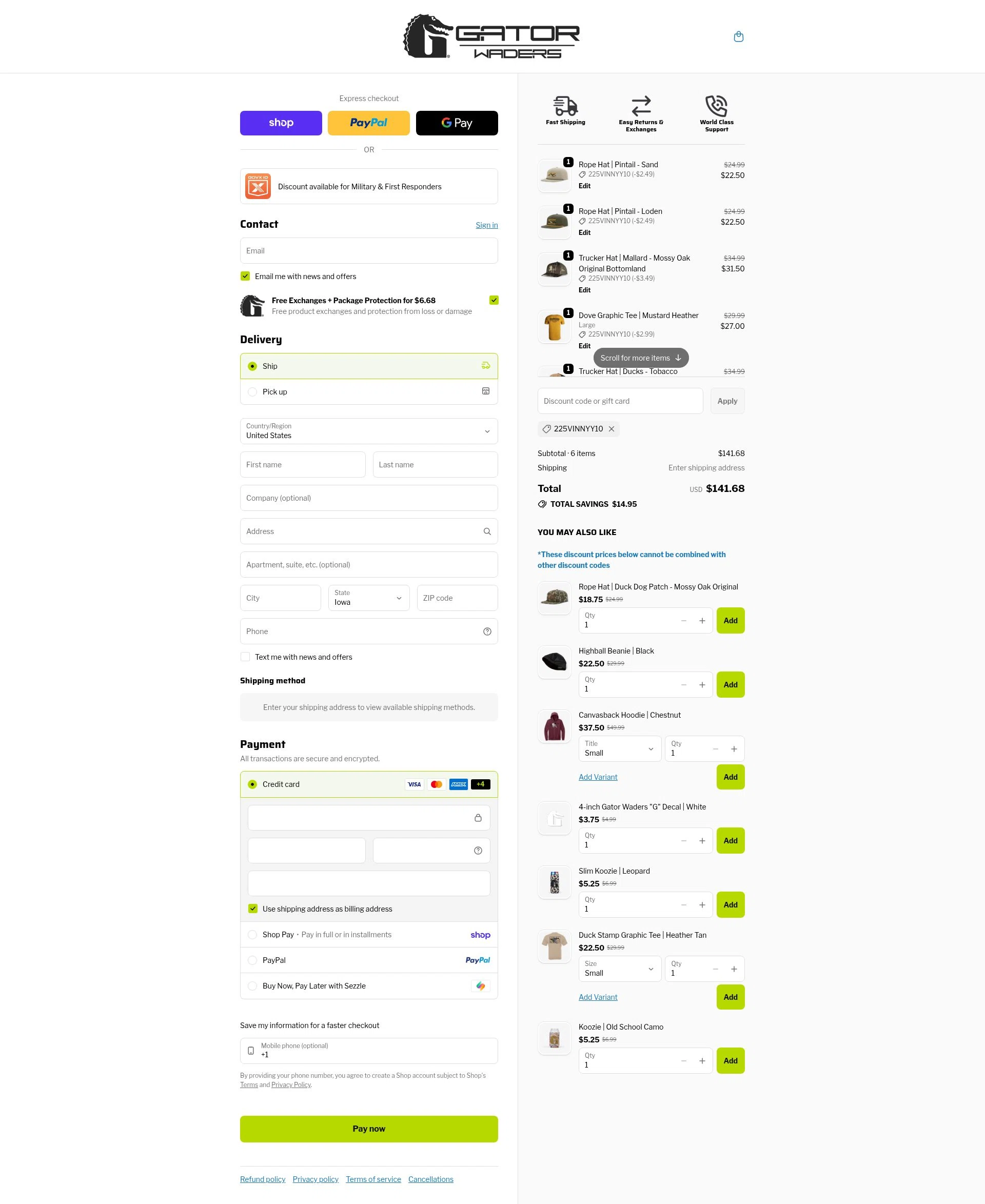 Gator Waders checkout page showing Gator Waders discount code box | Screenshot taken by SimplyCodes community member on Feb 11, 2026