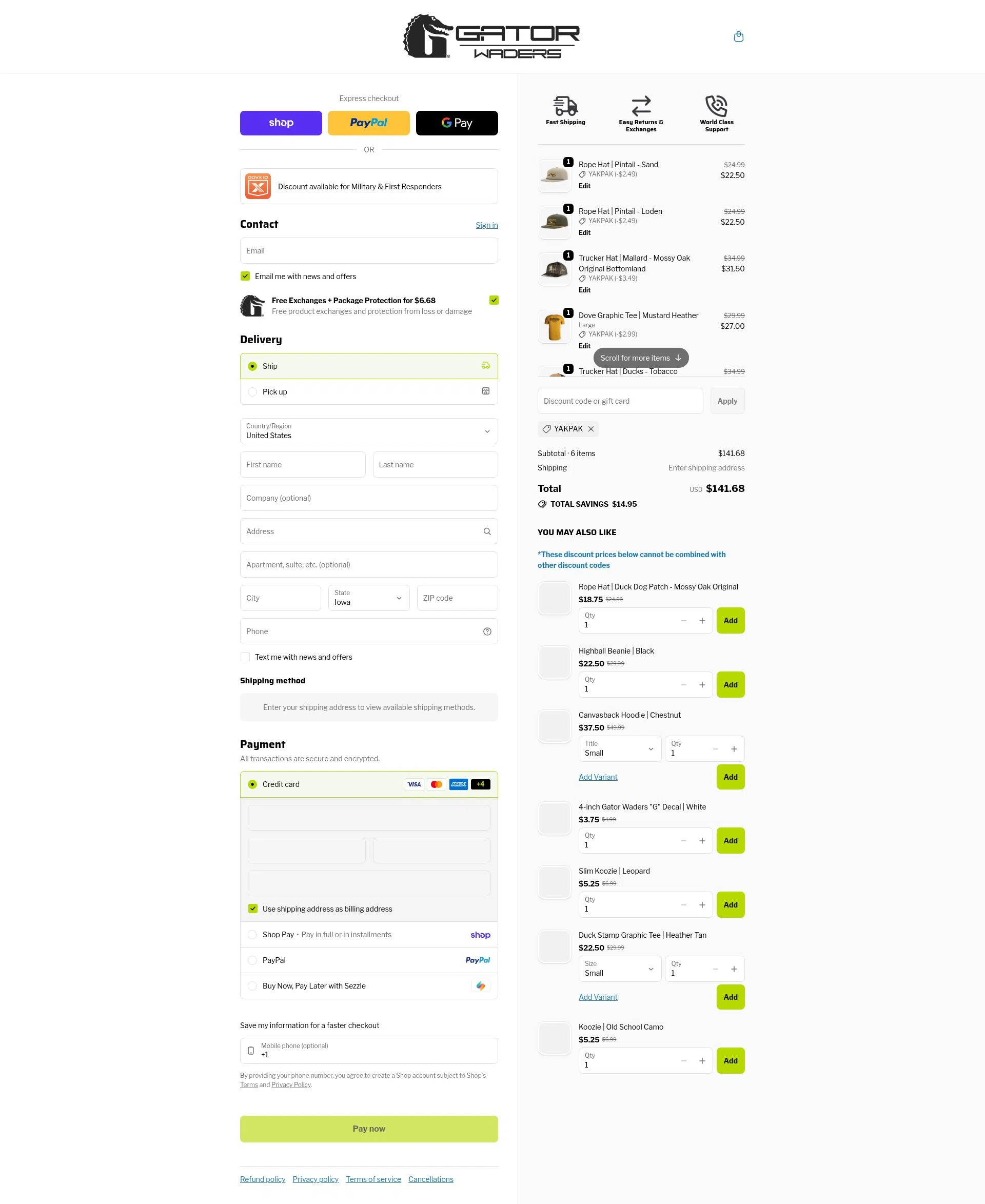 Gator Waders checkout page showing Gator Waders discount code box | Screenshot taken by SimplyCodes community member on Feb 11, 2026