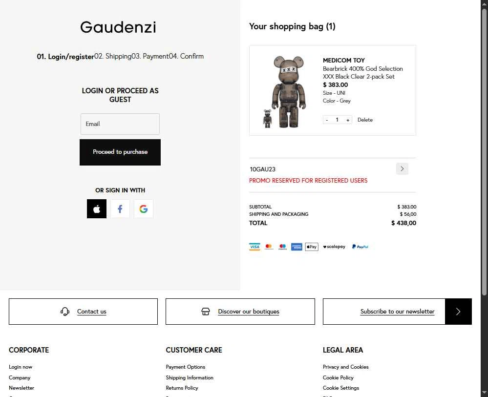 Gaudenzi Boutique checkout page showing Gaudenzi Boutique promo code box | Screenshot taken by SimplyCodes community member on Feb 7, 2026