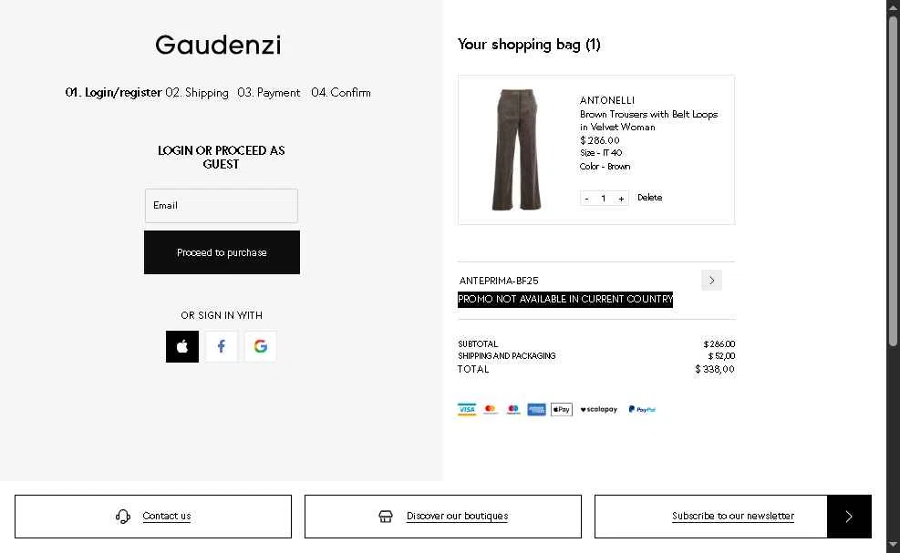 Gaudenzi Boutique checkout page showing Gaudenzi Boutique promo code box | Screenshot taken by SimplyCodes community member on Dec 1, 2025