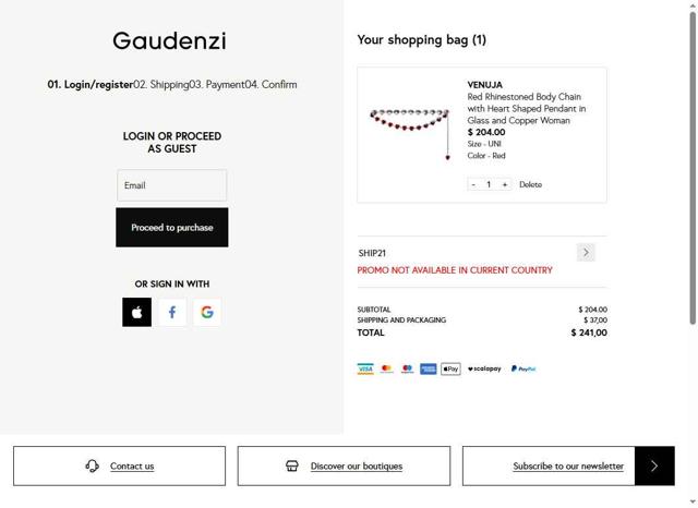 Gaudenzi Boutique checkout page showing Gaudenzi Boutique promo code box | Screenshot taken by SimplyCodes community member on Aug 8, 2025
