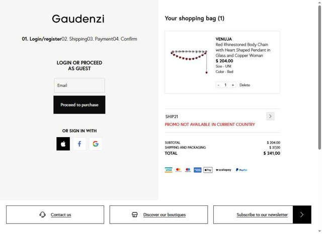 Gaudenzi Boutique checkout page showing Gaudenzi Boutique promo code box | Screenshot taken by SimplyCodes community member on Aug 8, 2025