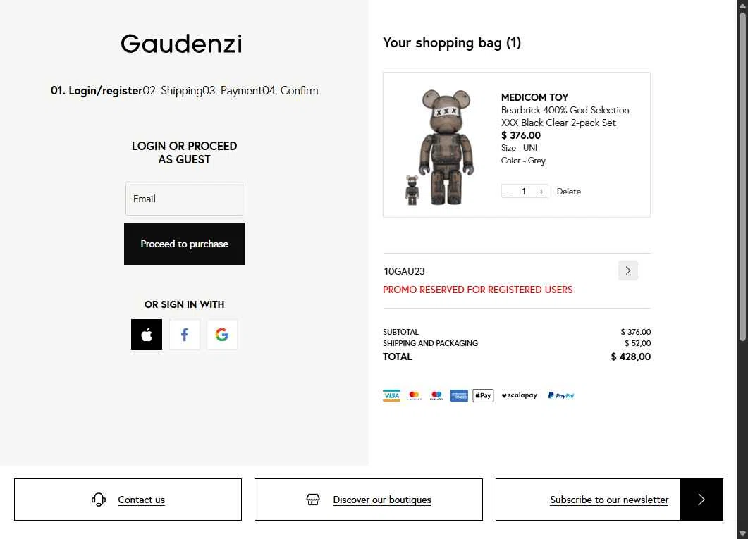 Gaudenzi Boutique checkout page showing Gaudenzi Boutique promo code box | Screenshot taken by SimplyCodes community member on Dec 1, 2025