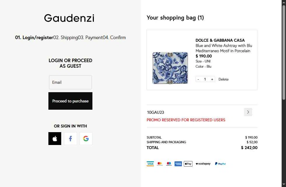 Gaudenzi Boutique checkout page showing Gaudenzi Boutique promo code box | Screenshot taken by SimplyCodes community member on Oct 14, 2025
