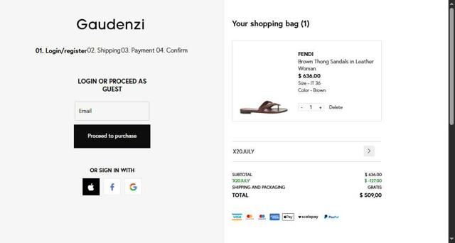 Gaudenzi Boutique checkout page showing Gaudenzi Boutique promo code box | Screenshot taken by SimplyCodes community member on Jul 30, 2025