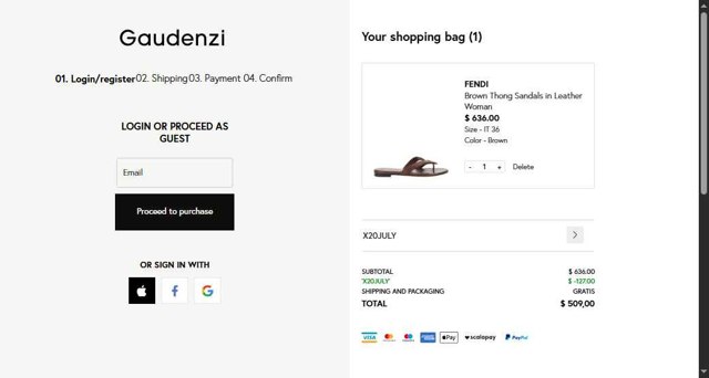 Gaudenzi Boutique checkout page showing Gaudenzi Boutique promo code box | Screenshot taken by SimplyCodes community member on Jul 30, 2025