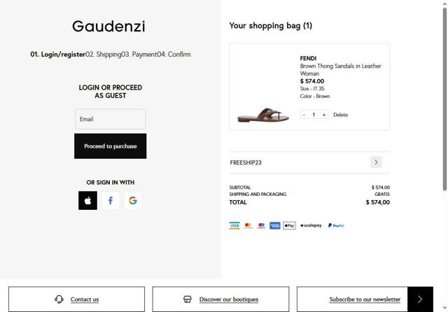 Gaudenzi Boutique checkout page showing Gaudenzi Boutique promo code box | Screenshot taken by SimplyCodes community member on Jul 14, 2025