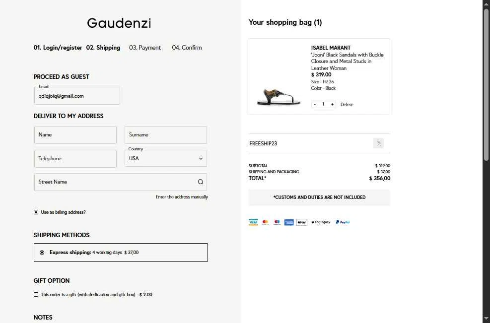 Gaudenzi Boutique checkout page showing Gaudenzi Boutique promo code box | Screenshot taken by SimplyCodes community member on Jan 21, 2026