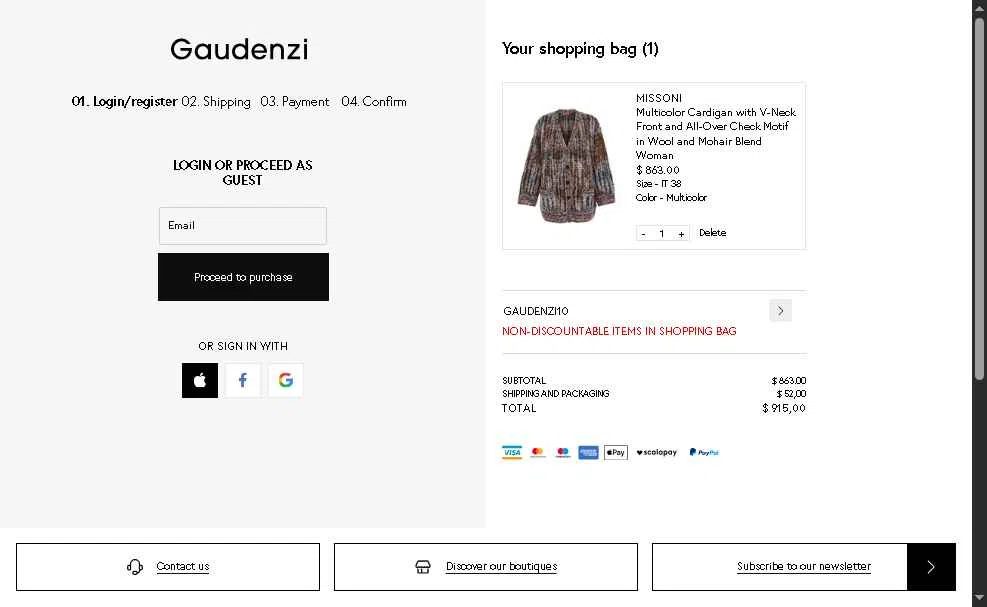 Gaudenzi Boutique checkout page showing Gaudenzi Boutique promo code box | Screenshot taken by SimplyCodes community member on Dec 1, 2025