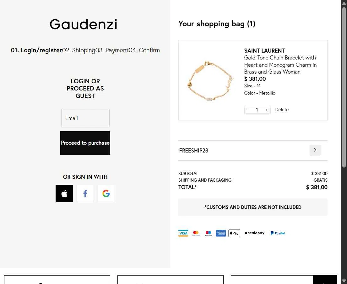 Gaudenzi Boutique checkout page showing Gaudenzi Boutique promo code box | Screenshot taken by SimplyCodes community member on Feb 17, 2026