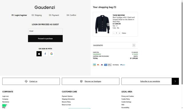 Gaudenzi Boutique checkout page showing Gaudenzi Boutique promo code box | Screenshot taken by SimplyCodes community member on Sep 13, 2025