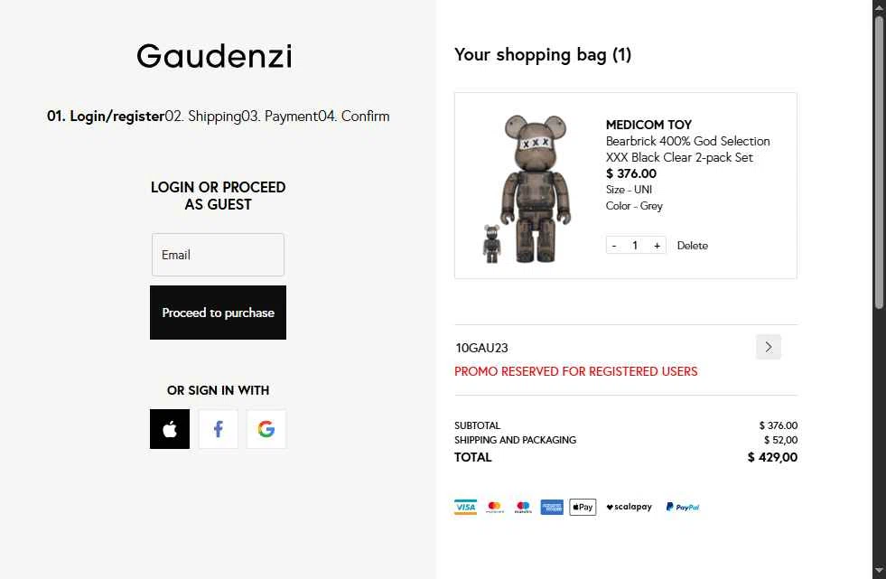 Gaudenzi Boutique checkout page showing Gaudenzi Boutique promo code box | Screenshot taken by SimplyCodes community member on Dec 3, 2025