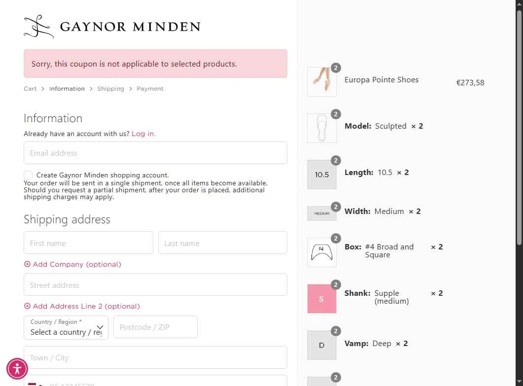 Gaynor Minden checkout page showing Gaynor Minden coupon code box | Screenshot taken by SimplyCodes community member on May 17, 2025