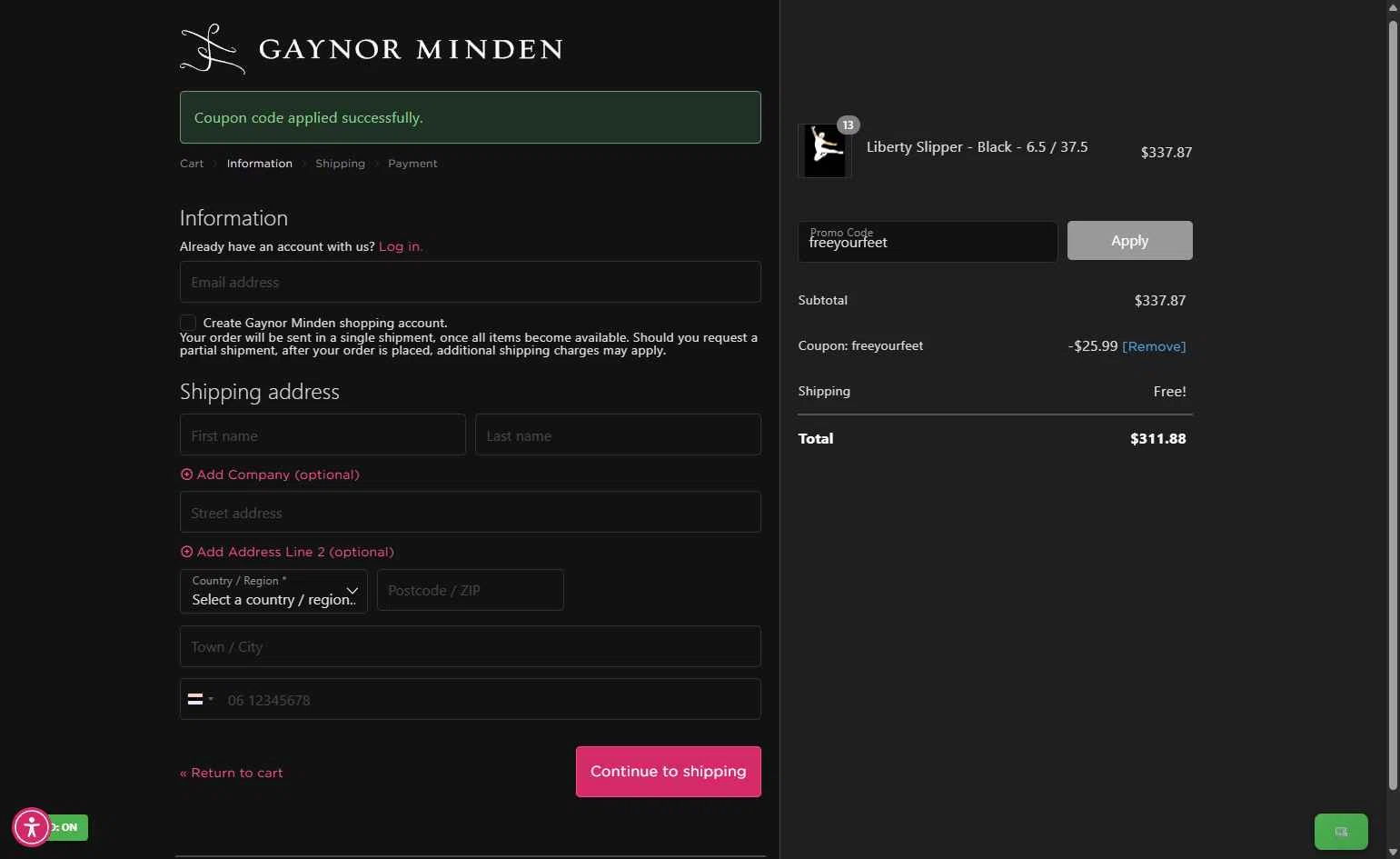 Gaynor Minden checkout page showing Gaynor Minden coupon code box | Screenshot taken by SimplyCodes community member on Nov 17, 2025