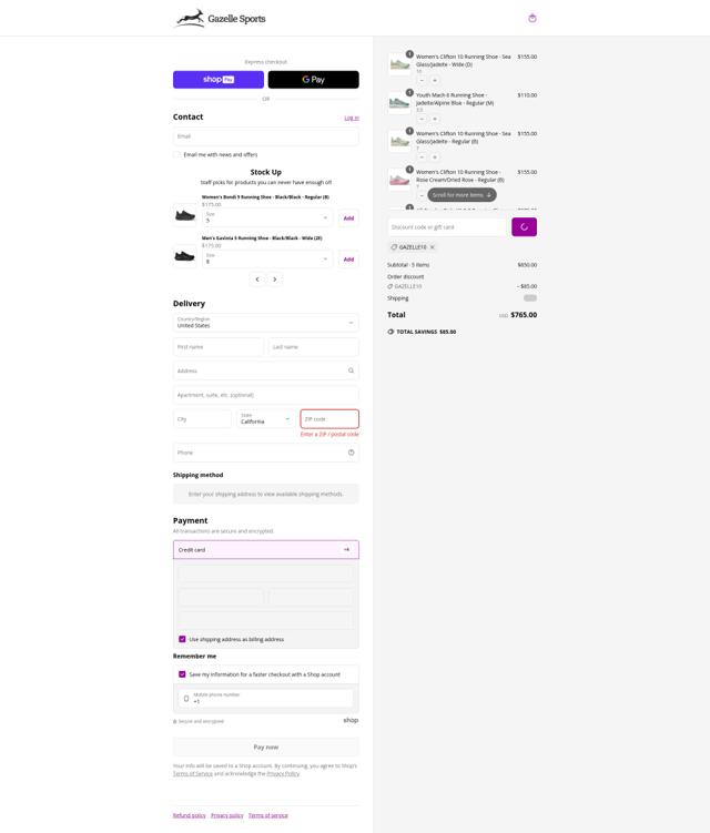 Gazelle Sports checkout page showing Gazelle Sports coupon code box | Screenshot taken by SimplyCodes community member on Jun 30, 2025