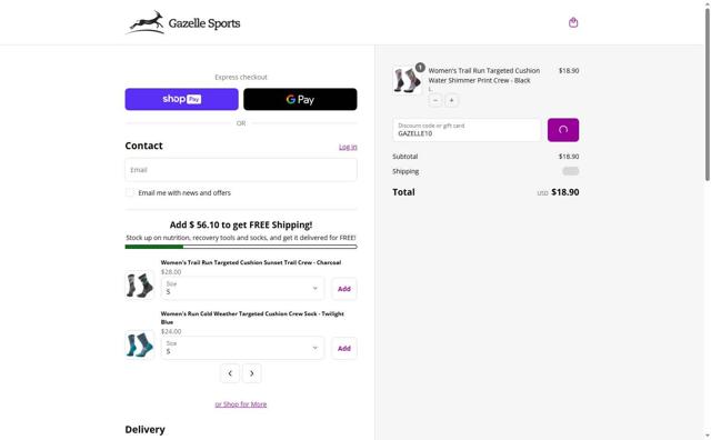 Gazelle Sports checkout page showing Gazelle Sports coupon code box | Screenshot taken by SimplyCodes community member on Jun 28, 2025