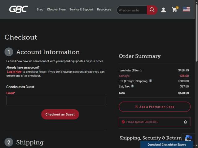GBC checkout page showing GBC promo code box | Screenshot taken by SimplyCodes community member on Aug 1, 2025
