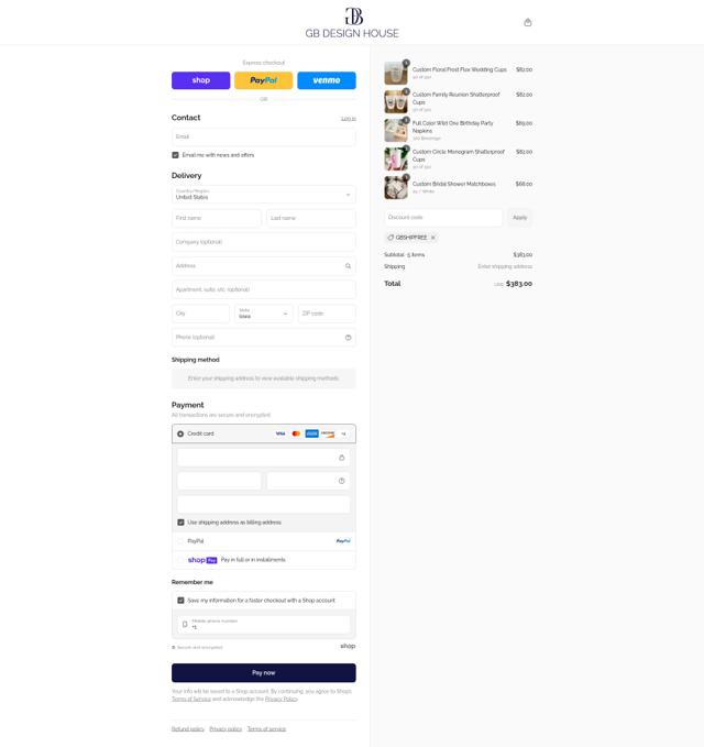 GB Design House checkout page showing GB Design House promo code box | Screenshot taken by SimplyCodes community member on Aug 13, 2025
