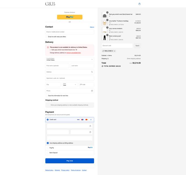 G&B Negozionline checkout page showing G&B Negozionline promo code box | Screenshot taken by SimplyCodes community member on Sep 12, 2025