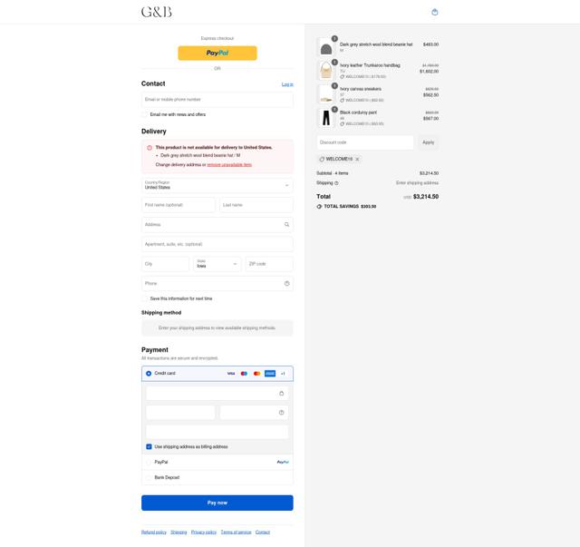 G&B Negozionline checkout page showing G&B Negozionline promo code box | Screenshot taken by SimplyCodes community member on Aug 31, 2025