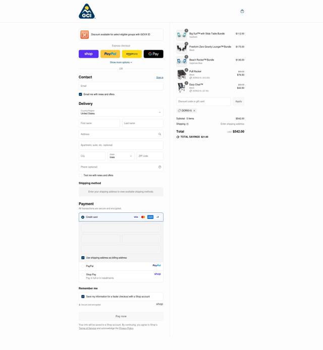 GCI Outdoor checkout page showing GCI Outdoor coupon code box | Screenshot taken by SimplyCodes community member on Sep 12, 2025