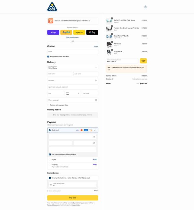 GCI Outdoor checkout page showing GCI Outdoor coupon code box | Screenshot taken by SimplyCodes community member on Sep 8, 2025