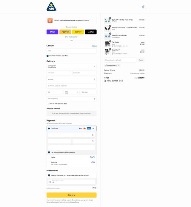 GCI Outdoor checkout page showing GCI Outdoor coupon code box | Screenshot taken by SimplyCodes community member on Sep 12, 2025