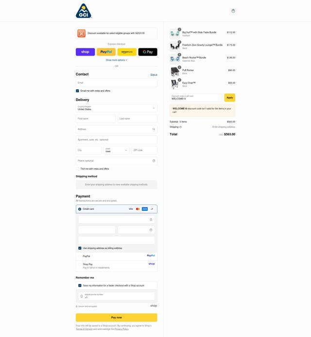 GCI Outdoor checkout page showing GCI Outdoor coupon code box | Screenshot taken by SimplyCodes community member on Sep 12, 2025