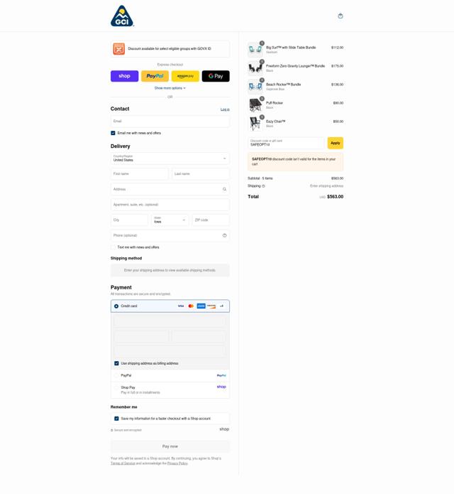 GCI Outdoor checkout page showing GCI Outdoor coupon code box | Screenshot taken by SimplyCodes community member on Sep 8, 2025