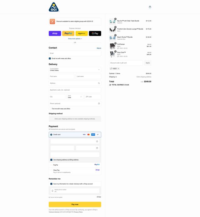 GCI Outdoor checkout page showing GCI Outdoor coupon code box | Screenshot taken by SimplyCodes community member on Sep 12, 2025