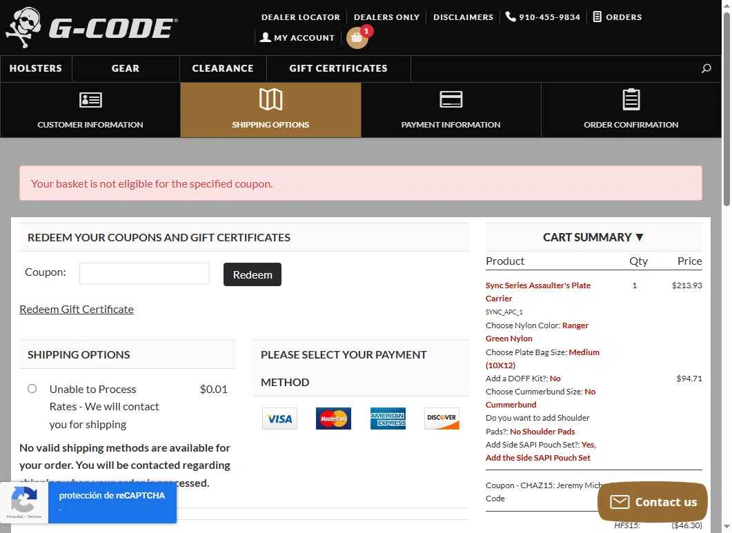 G-Code Holsters checkout page showing G-Code Holsters promo code box | Screenshot taken by SimplyCodes community member on Jan 13, 2026