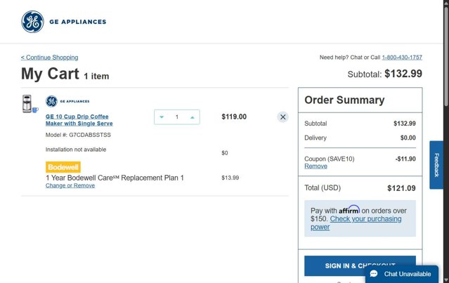 GE Appliances checkout page showing GE Appliances coupon code box | Screenshot taken by SimplyCodes community member on Aug 6, 2025