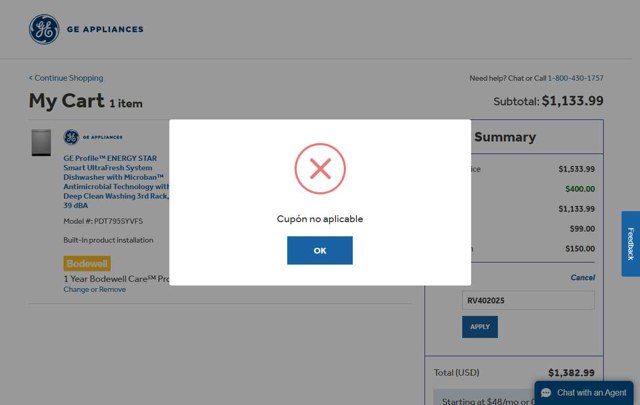 GE Appliances checkout page showing GE Appliances coupon code box | Screenshot taken by SimplyCodes community member on May 20, 2025