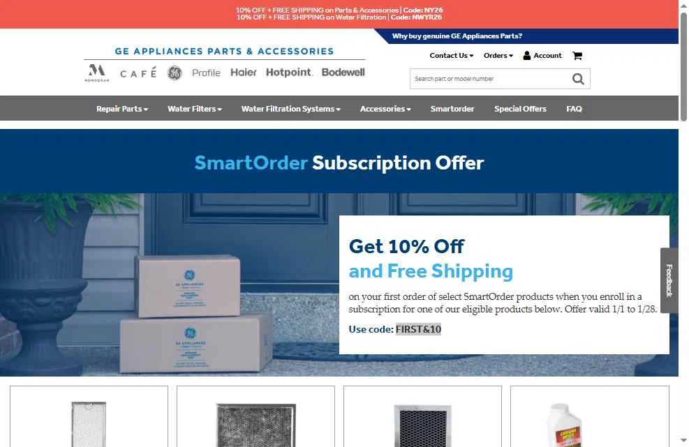 GE Appliance Parts checkout page showing GE Appliance Parts coupon code box | Screenshot taken by SimplyCodes community member on Jan 9, 2026