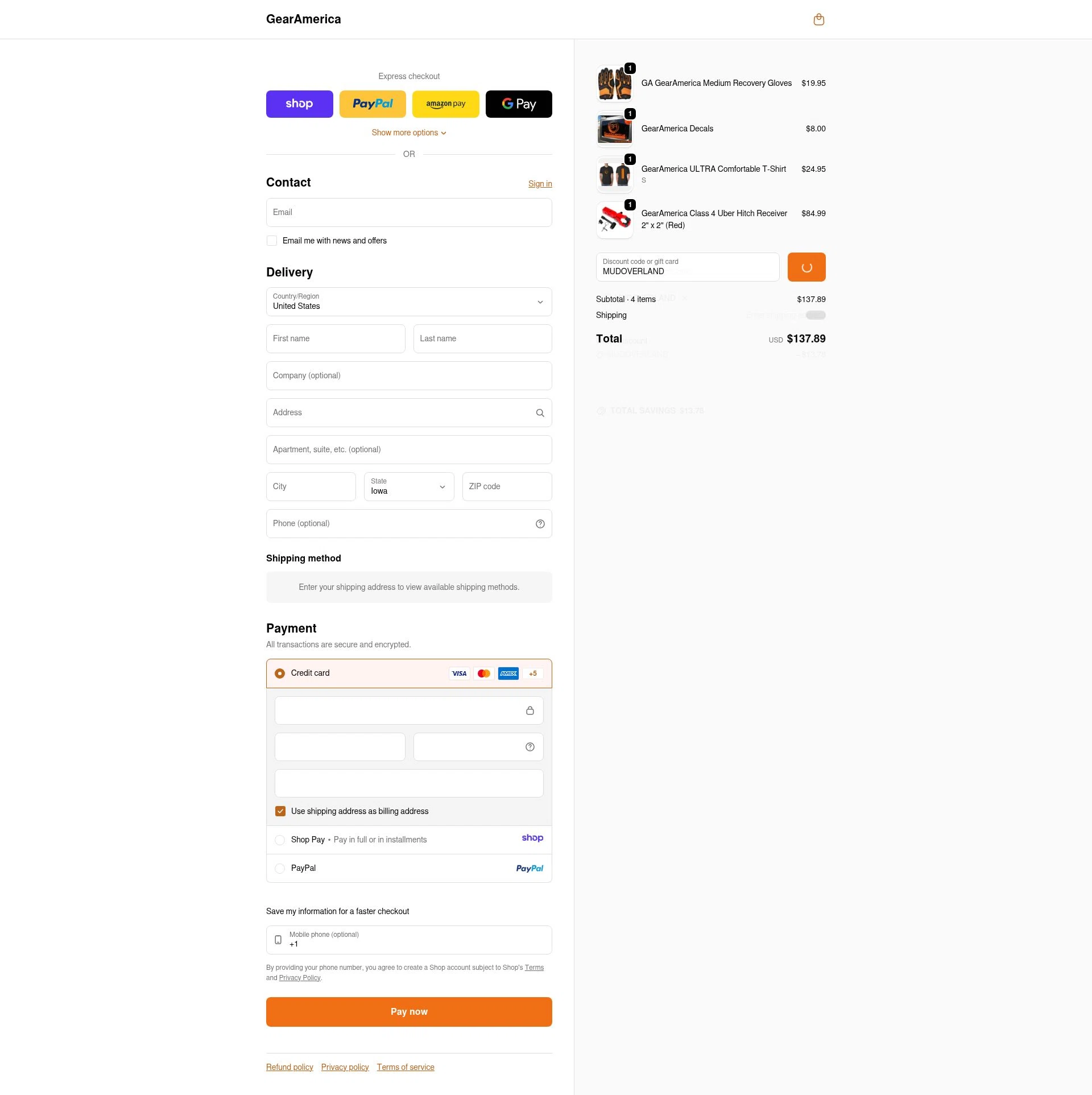 GearAmerica checkout page showing GearAmerica promo code box | Screenshot taken by SimplyCodes community member on Jan 9, 2026
